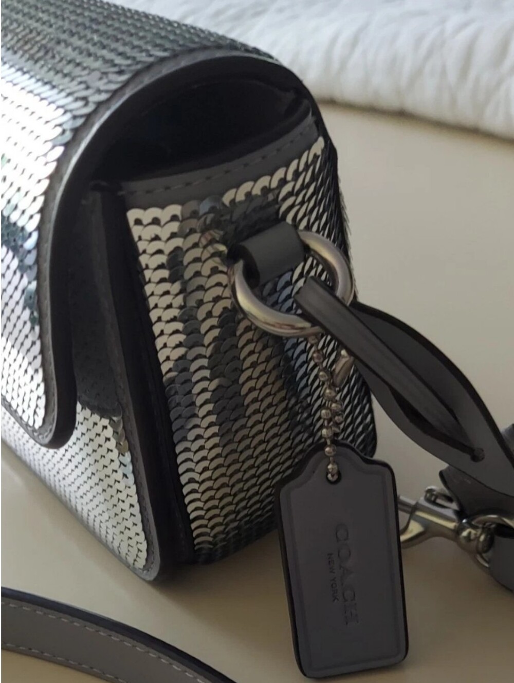 Coach Studio CM428 Silver Sequin Baguette Shoulder Crossbody Handbag Clutch Purs - Picture 13 of 16